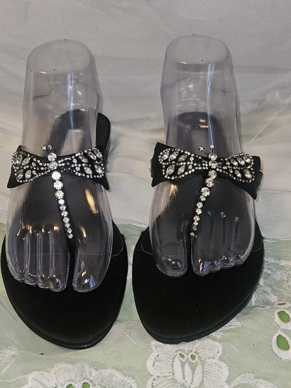 Spiegel Black Crystal Bow Thong Sandals - Women's